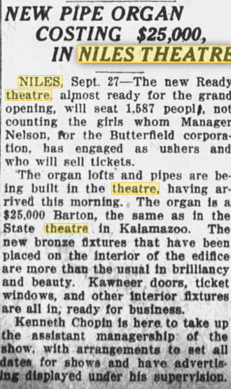 Ready Theatre - 27 SEP 1927 NEW ORGAN